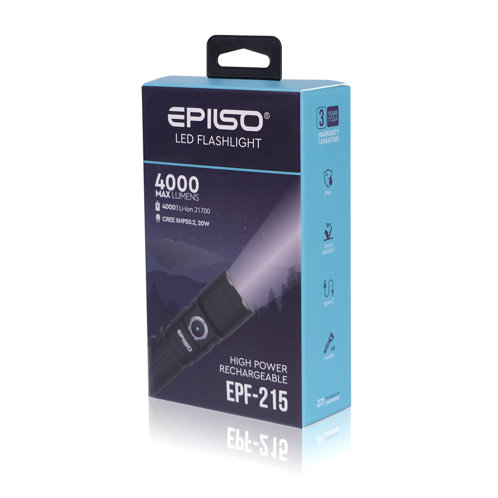 ������ EPILSO EPF-215 (���������, CREE XHP50.2 20W, 3.7V 4.0Ah, 5� (USB), ������, �����. 21700)
