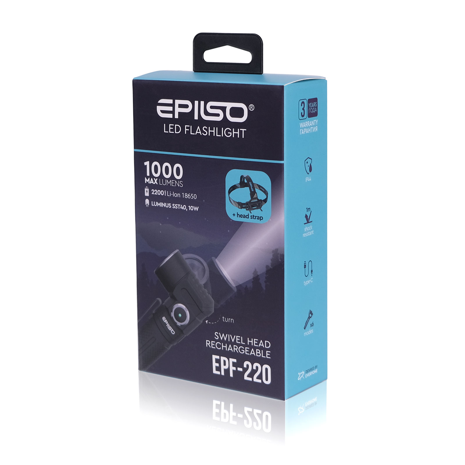 ������ EPILSO EPF-220 (���������, Luminus SST40, 10W, 3.7V 2.2Ah, 5� (USB), ������, �����. 18650)