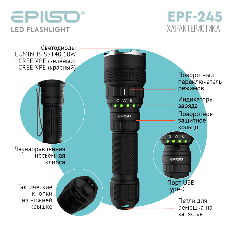 ������ EPILSO EPF-245 (���������, Luminus SST40, 10W + 2x CREE XPE, 3.7V 2.2Ah, 5� (USB), ������, ��